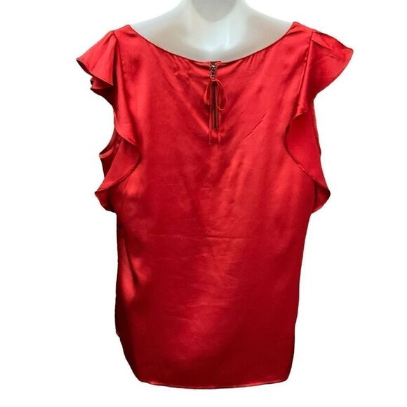 Loft Ann Taylor Blouse Scoop Neck Ruffled Cap Sleeves Red Zipper Tie Back Medium - Picture 2 of 10
